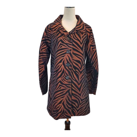 UBU SZ L Flocked Zebra Print Button Front Jacket Coat in Black & Copper - Picture 2 of 10
